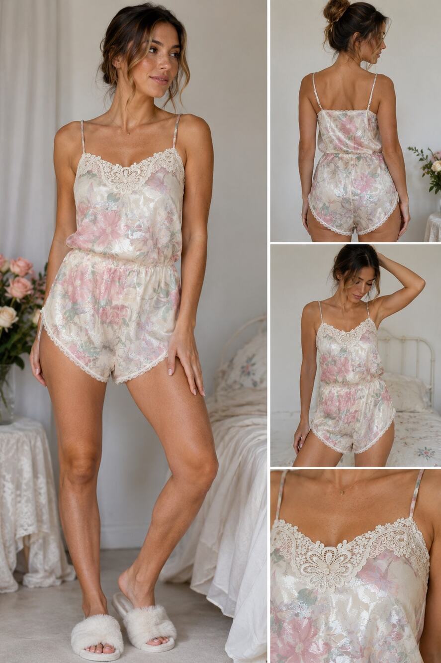 Vintage Lucie Ann II Floral Satin Teddy Romper M Lace Lingerie Sleepwear USA